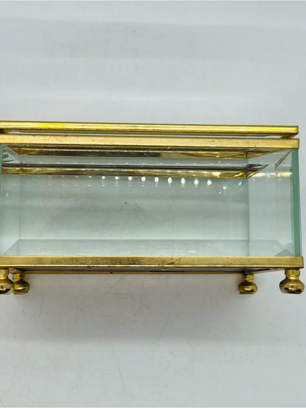 Vintage Hinged Jewelry Box Brass Beveled Glass Mirrored Trinket Jewelry Box
